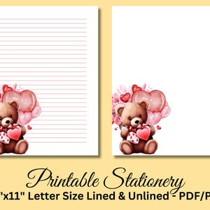 Papel de carta imprimible, papelería imprimible, papelería, papel para escribir cartas de San Valentín, juego de escritura, osito de peluche, descarga instantánea