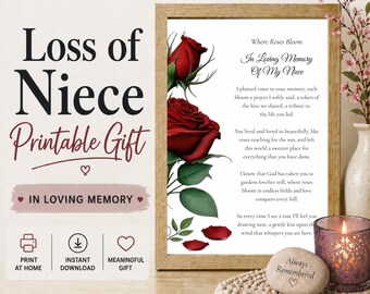 Loss of Niece Printable, Floral Sympathy Gift, Memorial Poem Print, Bereavement Gift, In Loving Memory, Roses Bloom
