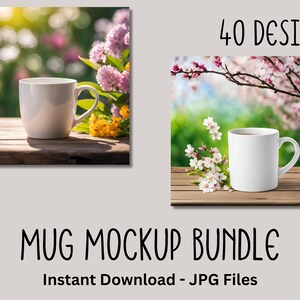 Witte mok mockup-bundel, minimaal 11 oz keramische mok mock-up pack, esthetische koffiekopje testmodellen, jpg-bestanden, instant download, lentebloemen