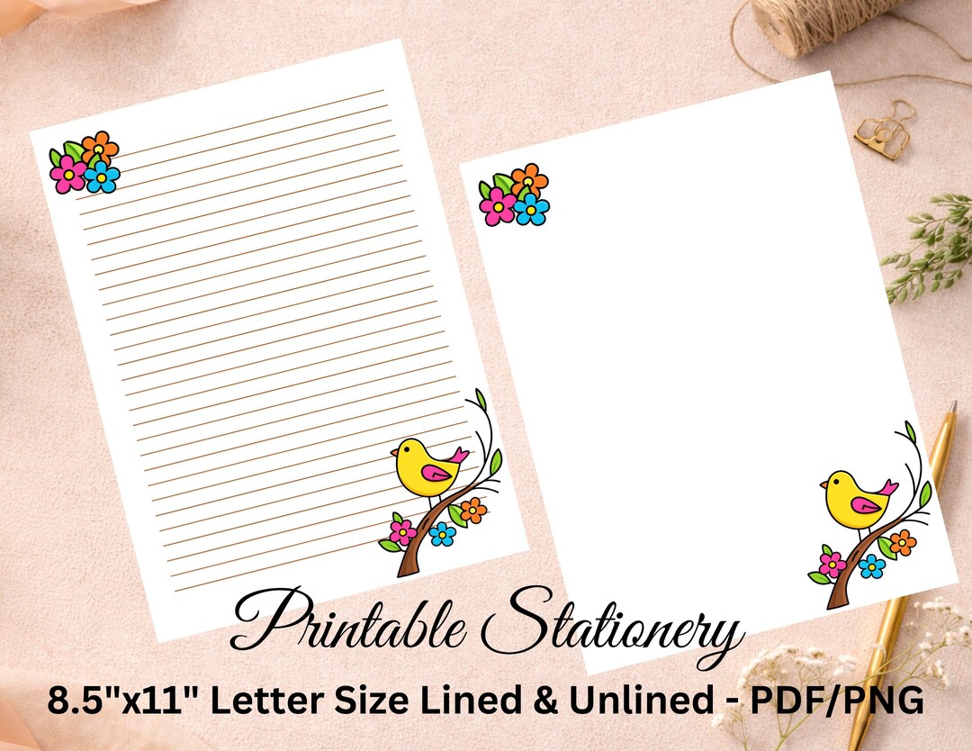 Bird & Flowers Printable Writing Paper: Whimsical Lined/unlined ...