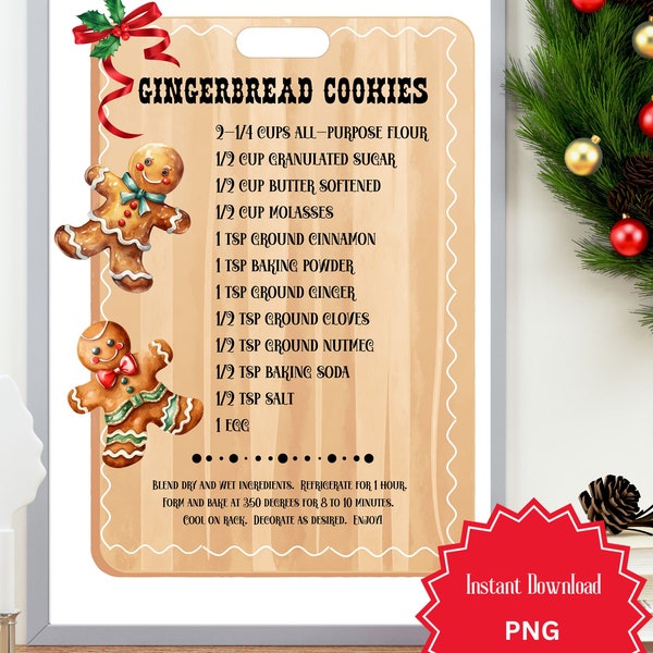 Gingerbread PNG, Cookies, Recipe, Christmas, Cutting Board, Country, Sublimation Designs, Commercial Use, Instant Digital Download, Light