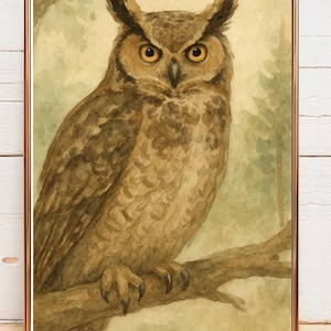 Great Horned Owl Watercolor Print, Vintage Woodland Bird Wall Art, Cottagecore Animal Decor, Rustic Forest Owl Printable, Digital Poster