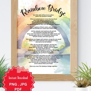 Regenbogen Brücke, Hunde Erinnerung, Haustier Sympathie Geschenk, Regenbogen Brücke Gedicht, Verlust des Haustieres, digitaler Download, Aquarell Regenbogen, geschwungene Buchstaben
