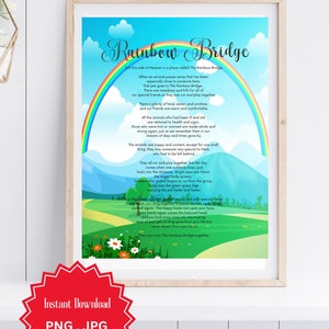 Puente arcoíris, Pérdida de mascotas, Regalo de simpatía por mascotas, Poema del puente arcoíris, Pérdida de mascota, Descarga digital, Escena de prado
