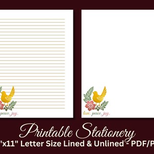 Papelería imprimible con pájaros y flores, papel de escribir imprimible, juego de papel para escribir cartas, lámina dorada, descarga instantánea, amor, paz y alegría.