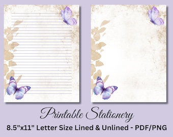 Purple Butterfly Stationery, Floral Writing Paper, Vintage Letter Set (PDF PNG Download)