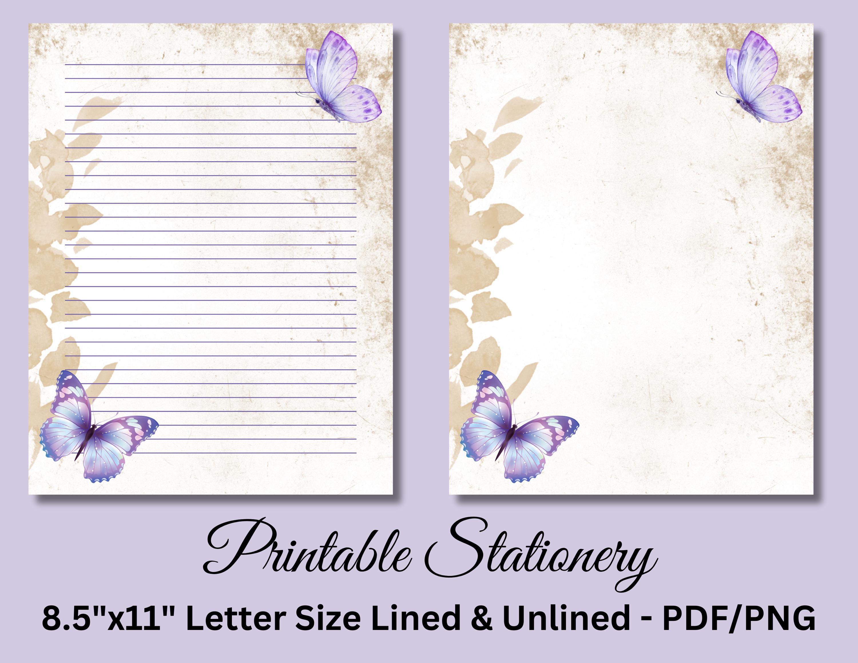 Purple Butterfly Printable Stationery, Floral Writing Paper Set ...