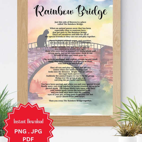 Rainbow Bridge, Cat Remembrance, Pet Sympathy Gift, Rainbow Bridge Poem, Loss Of Pet, Digital Download, Cat On Bridge