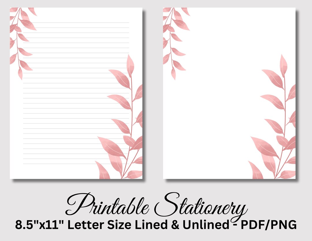 Pink Botanical Leaf Printable Writing Paper: Lined & Unlined Stationery ...