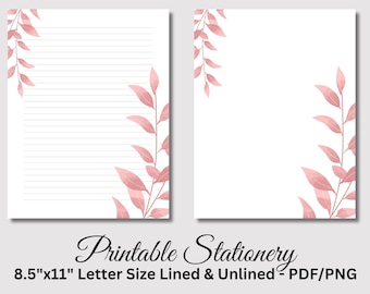 Pink Botanical Leaf Printable Writing Paper: Lined & Unlined Stationery (PDF/PNG, Digital Download)