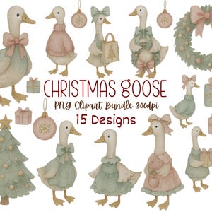 Whimsical Coquette Christmas Goose Clipart Bundle, Watercolor Festive Geese with Bows, PNG Holiday Animal Graphics, Instant Digital Download