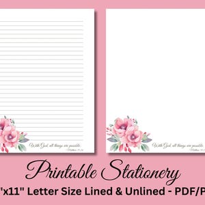 Papel para escribir imprimible, papelería cristiana imprimible, papel para escribir con versículos bíblicos, juego de escritura, Mateo 19:26, flores rosas, descarga
