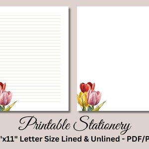Papel para escribir imprimible, papelería imprimible, papel para escribir cartas con motivos florales, juego de escritura con flores, tulipanes, descarga instantánea, acuarela