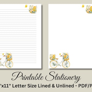 Papel para escribir imprimible, papelería imprimible, papel para escribir cartas con motivos florales, juego de escritura, flores amarillas, bicicleta, descarga instantánea