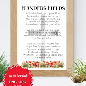 In Flanders Fields, Poem, Lest We Forget, Remembrance Day, Veterans Day, Poppies, Cross, Instant Download