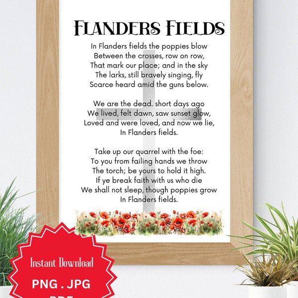 In Flanders Fields, Poem, Lest We Forget, Remembrance Day, Veterans Day, Poppies, Cross, Instant Download