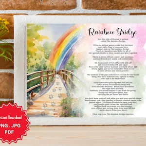 Pont arc-en-ciel, perte d'un animal de compagnie, souvenir de chien, cadeau de sympathie pour animal de compagnie, poème du pont arc-en-ciel, téléchargement numérique, aquarelle, empreintes de pattes