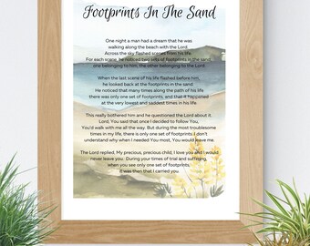 Footprints In The Sand, Christian Wall Art, Footprints In Sand, Footprints Poem, Digital Download, Watercolor Ocean Scene