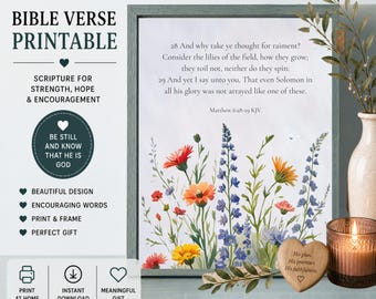Wildflower Scripture Christian Art Print, Matthew 6:28-29 KJV, Floral Bible Verse Printable, Faith Home Decor, Instant Download