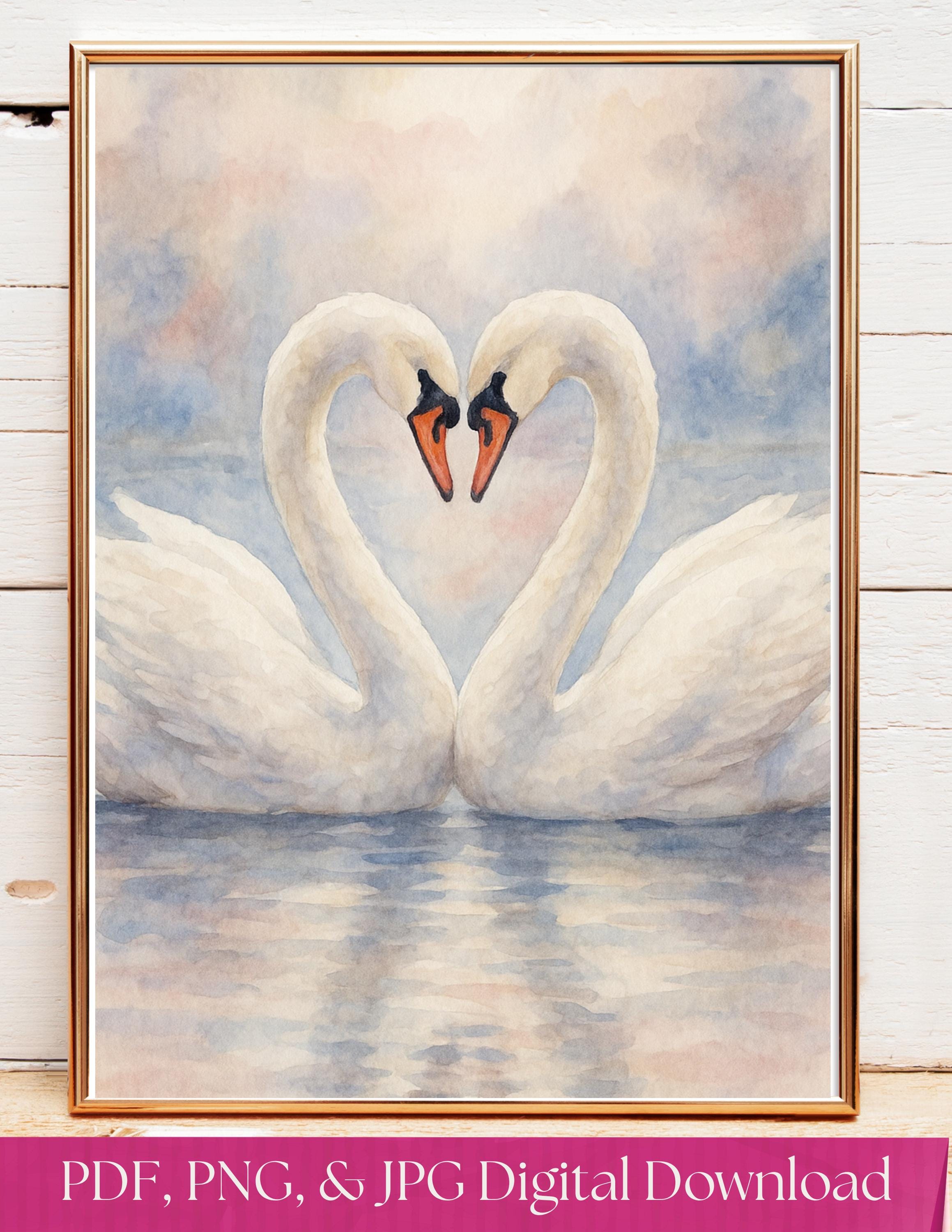 白鳥のハートの水彩画、ロマンチックな鳥の絵画（デジタルダウンロード