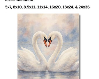 白鳥のハートの水彩画、ロマンチックな鳥の絵画（デジタルダウンロード