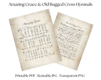 Amazing Grace, Old Rugged Cross, Hymnal, Gospel Music, Music Sheet Printable, Christian Gift, Grey Parchment, Digital Download, Bundle
