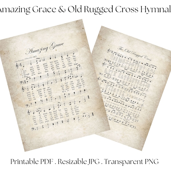 Amazing Grace, Old Rugged Cross, Hymnal, Gospel Music, Music Sheet Printable, Christian Gift, Grey Parchment, Digital Download, Bundle