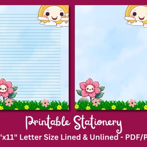 Papel de carta imprimible, papelería imprimible, papelería, lindo papel para escribir cartas, juego de escritura para niños, flor, sol, descarga instantánea
