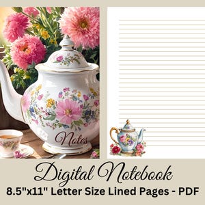 Cuaderno digital en PDF, papel imprimible, papelería floral imprimible, juego de cartas, descarga instantánea, teteras vintage