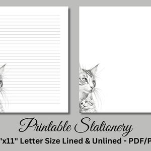 Papel para escribir imprimible, papelería imprimible, papel para escribir cartas, juego de escritura, dibujo de gato con gatito, descarga instantánea, D1