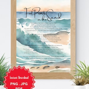 Footprints In The Sand, Christian Wall Art, Footprints In Sand, Footprints Poem, Digital Art Print, Instant Download, Watercolor Ocean Waves