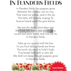 Può includere: Stampa digitale della poesia "In Flanders Fields", con un'illustrazione ad acquerello di papaveri rossi e una croce bianca. Il testo è nero e un badge rosso indica la disponibilità al download immediato.