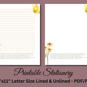 Oración de la serenidad, papel para escribir imprimible, papelería digital, papel para escribir cartas, juego de escritura, amarillo, flor, mariposa, descarga instantánea