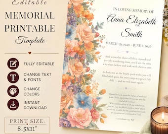 Editable Floral Memorial Template, 2 Corinthians 1:3-4 KJV, In Loving Memory Canva Template, Funeral Memorial Sign, Celebration of Life