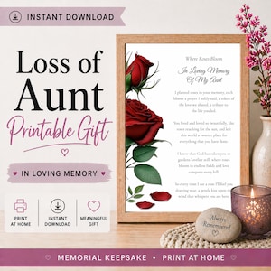 以下が含まれることがあります： 「Loss of Aunt」と「In Loving Memory」のテキストが入った、額入りの印刷可能な記念ギフト。赤いバラと詩が特徴です。「Always Remembered」と書かれたキャンドルと石も含まれています。