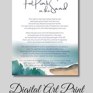 Footprints In The Sand, Christian Wall Art, Footprints In Sand, Footprints Poem, Digital Download, Watercolor Waves, Minimal