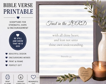 Bible Verse Printable Christian Art, Proverbs 3:5 KJV Scripture Print, Dusty Blue Stripes Home Decor, Instant Download