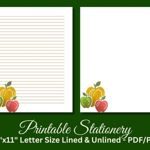 Papel de carta para impressão, Papelaria para impressão, Papel de carta com letras de frutas, Conjunto de escrita botânica, Maçãs, Folha de ouro, Download instantâneo