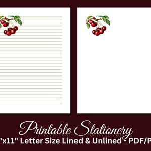Papel de escribir imprimible, papelería imprimible, papel para escribir cartas de frutas, juego de escritura botánica, cerezas, descarga digital instantánea