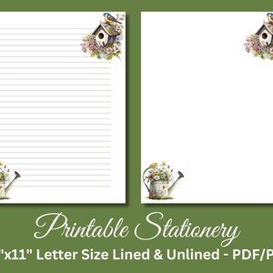 Papel de carta para impressão, papelaria para impressão, papelaria, papel de carta para pássaros, conjunto de escrita, casa para pássaros, lata de água, download instantâneo
