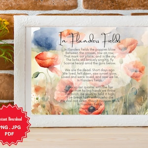 In Flanders Fields, Poem, Lest We Forget, Remembrance Day, Veterans Day, Poppy Field, Digital Art Print, Instant Download, Watercolor