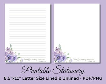 Purple Floral Christian Stationery Printable, Matthew 19:26 Bible Verse Writing Paper, Faith Journal Pages, Scripture Letter Paper, Download