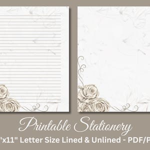 Papel de carta imprimible, papelería para bodas, papel elegante para escribir cartas, juego de escritura para aniversarios, rosas, beige, descarga instantánea