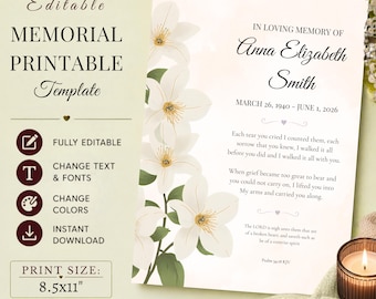 Editable Floral Memorial Printable Template, Psalm 34:18 KJV, White Magnolia Funeral Canva Template, Celebration of Life