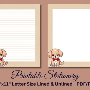 Papel de carta imprimible, papelería imprimible, papelería, lindo papel para escribir cartas, juego de escritura para niños, cachorro, lazo rojo, descarga instantánea