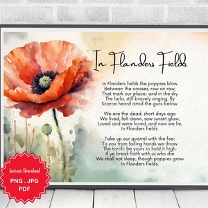 Em Flanders Fields, Poema, Para que não esqueçamos, Dia da Memória, Dia dos Veteranos, Papoula, Impressão de Arte Digital, Download Instantâneo, Aquarela