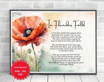 In Flanders Fields, Poem, Lest We Forget, Remembrance Day, Veterans Day, Poppy, Digital Art Print, Instant Download, Watercolor