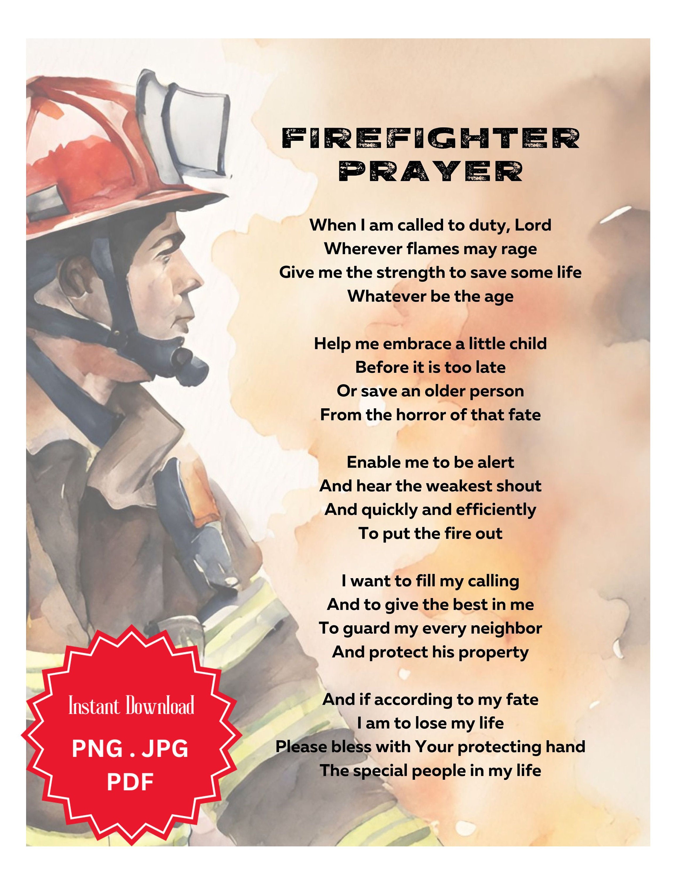 Firefighters Prayer, Firefighters Gift, Watercolor Wall Art Firefighters Prayer, Firefighters Gift, Watercolor Wall Art