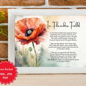 In Flanders Fields, Poem, Lest We Forget, Remembrance Day, Veterans Day, Poppy, Digital Art Print, Instant Download, Watercolor