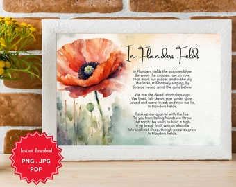 In Flanders Fields, Poem, Lest We Forget, Remembrance Day, Veterans Day, Poppy, Digital Art Print, Instant Download, Watercolor